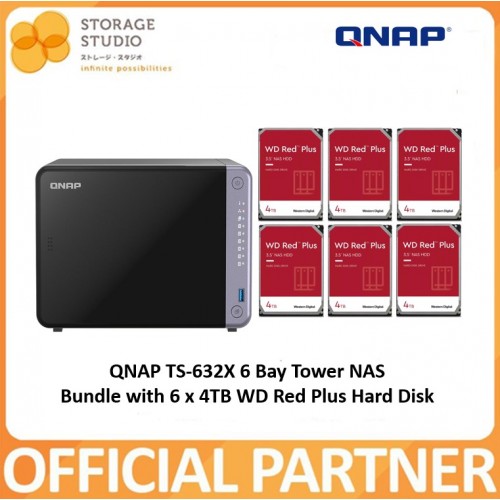 QNAP TS-632X-4G 4 Bay Tower NAS Bundle With 6 x 4TB WD Red Plus NAS Hard Disk. Singapore Local Warranty 2 Years